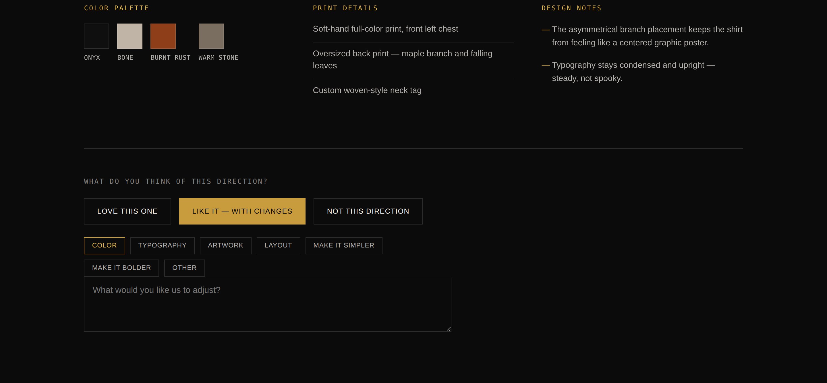 Design Room color palette, print details and feedback controls